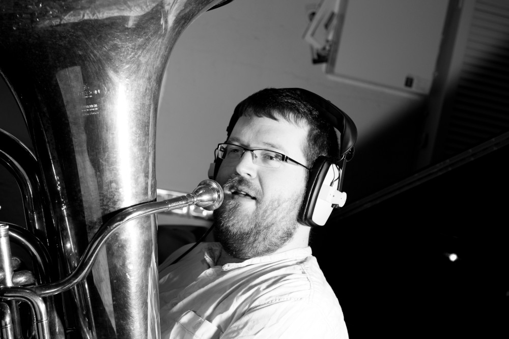 Tuba in the studio at Woodworm Studios.