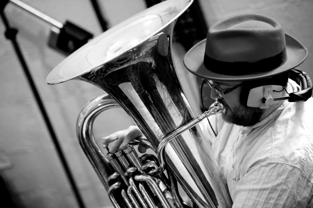 Tuba in the studio at Woodworm Studios.