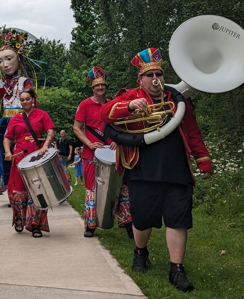 Sousaphone on a gig for Global Grooves at Jodrell Bank.